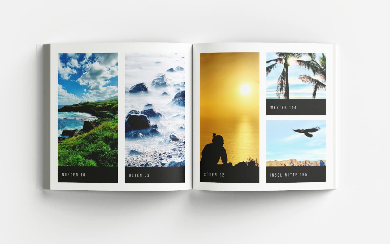 Aufgeschlagener La Palma Bildband mit vier Fotos pro Seite und beschreibenden Texten, Seiten mit Küstenlandschaft, Wolken, So