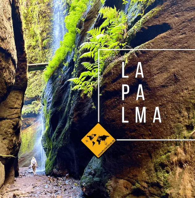 La Palma Bildband Cover mit Schlucht, Wasserfall und grüner Vegetation, weißer Text 'LA PALMA' und gelbes Warnschild-Symbol