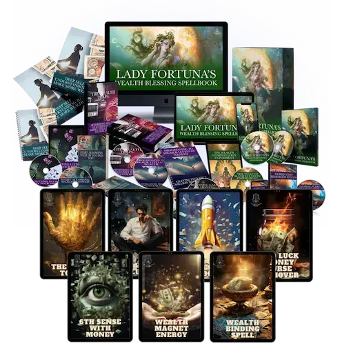 Lady Fortuna's Wealth Blessing Spellbook Bundle mit Büchern, DVDs, CDs und digitalem Content auf Monitor