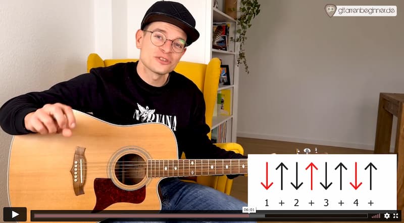 Junger Gitarrist zeigt Schlagmuster mit Pfeilen Video-Screenshot