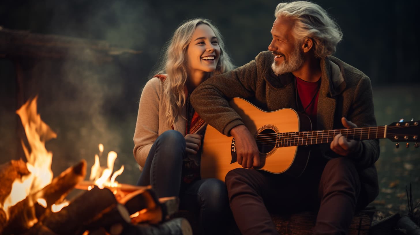 Mann und Frau spielen Gitarre am Lagerfeuer bei Nacht