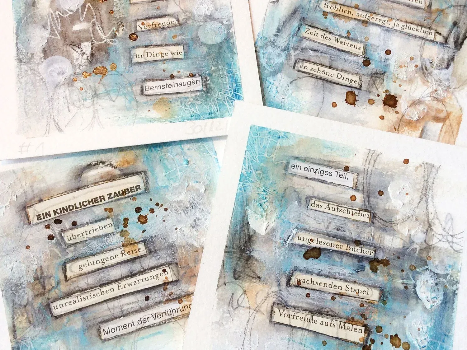 Vier gestaltete Kunstwerke mit deutschen Textzitaten, Aquarellfarben, Blattgold und Mixed Media Elementen