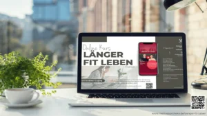 Einladung zum Online-Kurs Länger fit leben auf Laptop-Bildschirm mit QR-Code