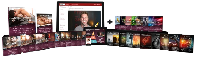 Länger können, mehr genießen – Kurs zur Ejakulationskontrolle 3 3D-Produktmockup des kompletten Kurses mit allen Modulen, Boxen und digitalem Material