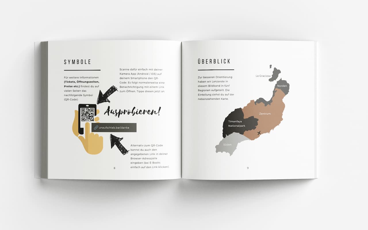 Aufgeschlagenes Buch mit Symbole-Erklärung und Lanzarote-Regionenkarte in fünf Farben mit QR-Code und Ausprobieren-Anleitung