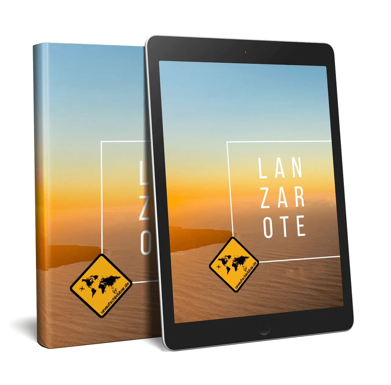Lanzarote Bildband und iPad nebeneinander, beide zeigen identisches Cover-Design mit Sonnenuntergang und weißem Text