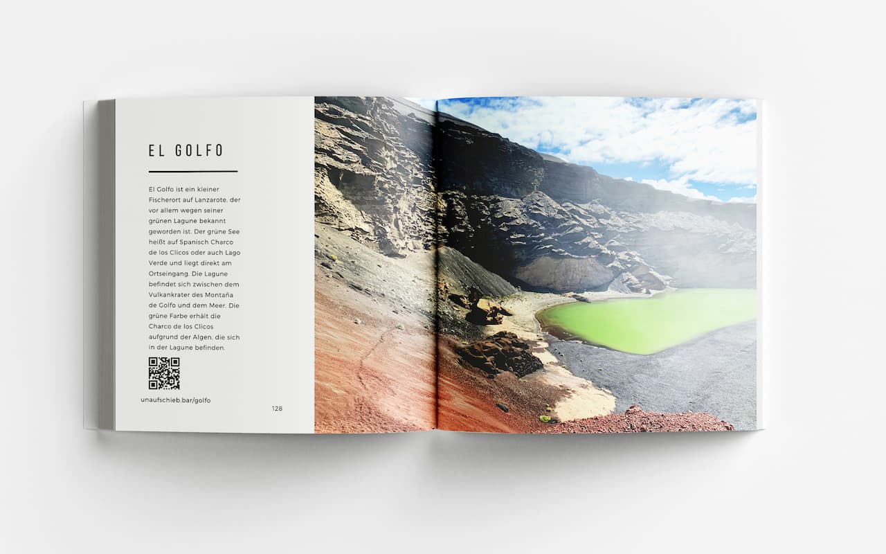 Aufgeschlagenes Buch zeigt Kapitel El Golfo mit grüner Lagune, dunklen Felsformationen und bräunlichen Bodenschichten