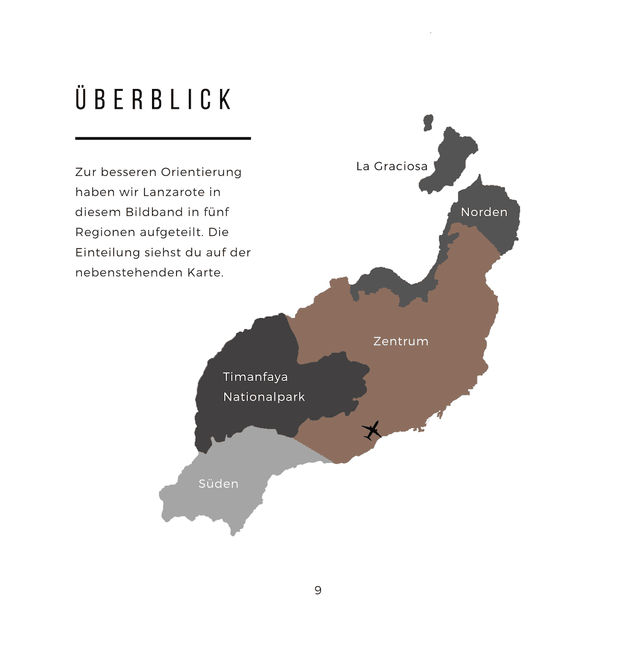 Buchseite mit Überblick-Titel und fünf-farbige Regionenkarte von Lanzarote mit Beschriftungen La Graciosa, Norden, Zentrum, T