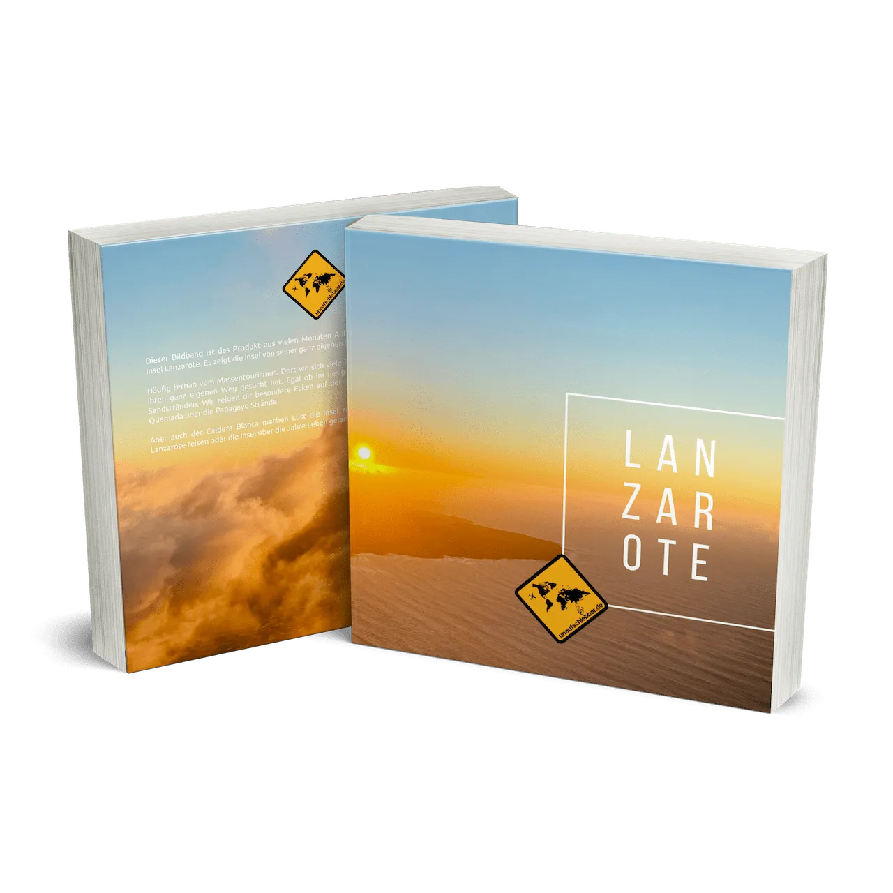 Lanzarote Bildband mit aufgeschlagenem Cover und Rückseite, zeigt Sonnenuntergang über Dünenlandschaft mit weißem Text und ge