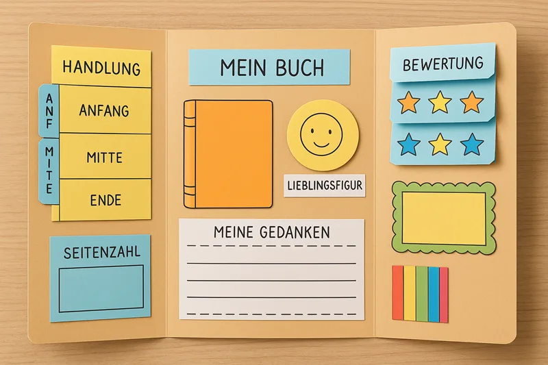 Lapbook Buchvorstellung Vorlage 9 Gefaltete Lapbook Bastelmappen mit verschiedenen Kategorien wie Handlung, Mein Buch, Bewertung auf Holztisch