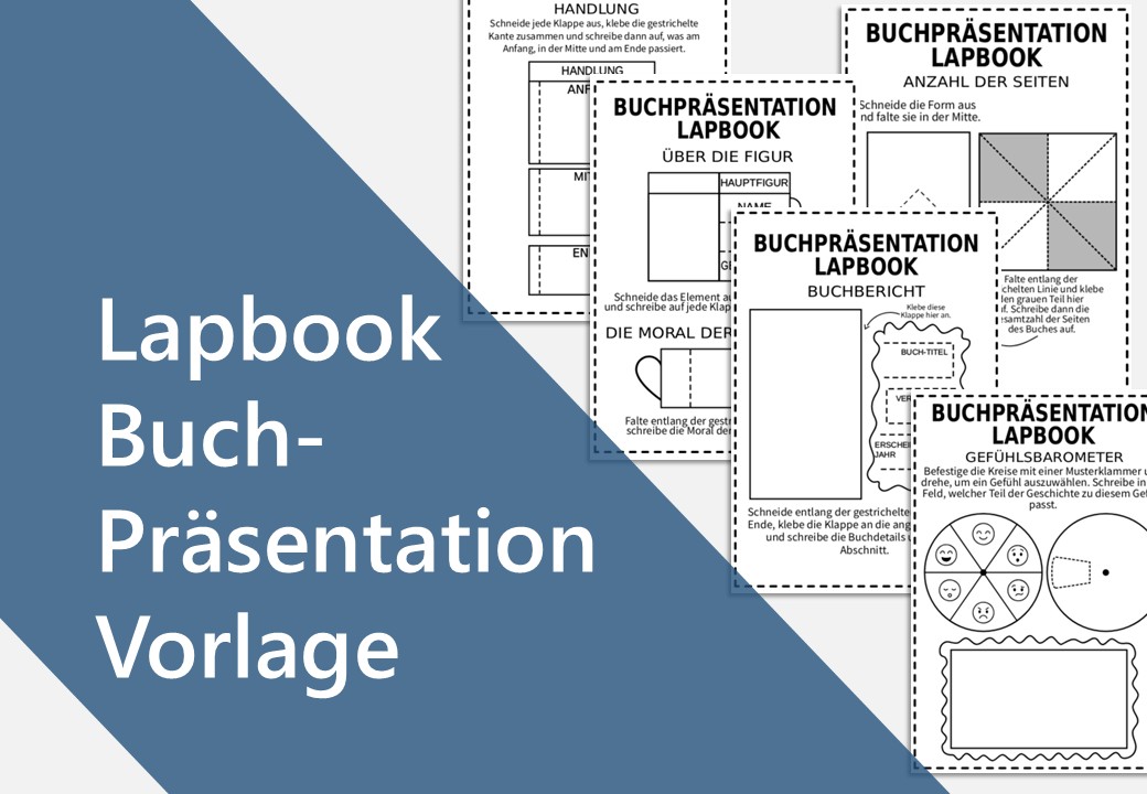 Lapbook Buchvorstellung Vorlage 1 Lapbook Buchpräsentation Vorlage mit Anleitungen und verschiedenen Seiten-Designs zum Ausschneiden