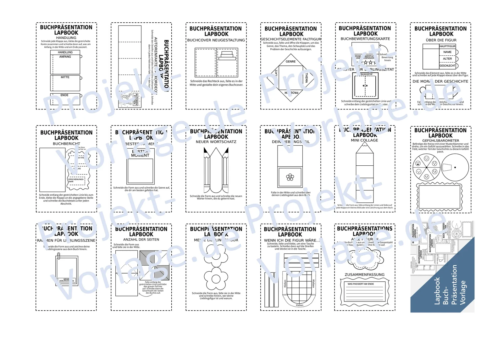 Lapbook Buchvorstellung Vorlage 5 Übersicht aller Lapbook Buchpräsentation Vorlagen-Sammlung mit 20 verschiedenen Seiten-Designs