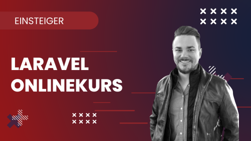 Laravel Onlinekurs Powerkurs Hero-Banner mit Instructor Andreas Pabst vor rotem Farbverlauf