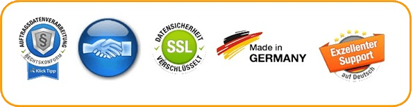 Vertrauens-Siegel mit Datenschutz-Zertifikat, SSL-Verschlüsselung, Made in Germany, Exzellenter Support