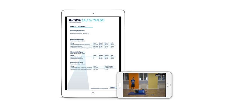Mockup der Kriwat Laufstrategie Trainingstabelle auf Tablet und Smartphone mit Trainingsvideos