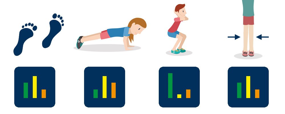 Illustrierte Darstellung verschiedener Laufstile mit Fußabdrücken, Trainingsübungen und Balkendiagrammen
