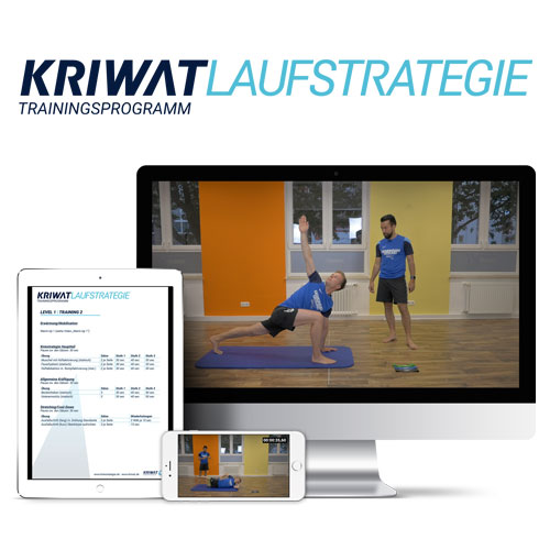 Mockup des KRIWAT Laufstrategie Online Trainingsprogramms mit Monitor, Tablet und Smartphone