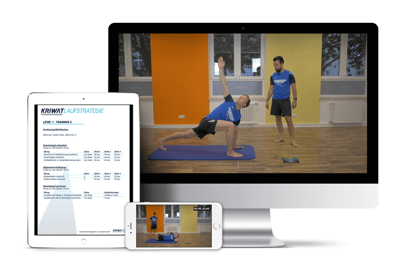 Mockup der Laufstrategie auf Desktop, Tablet und Smartphone mit Trainingstabelle und Trainingsvideos