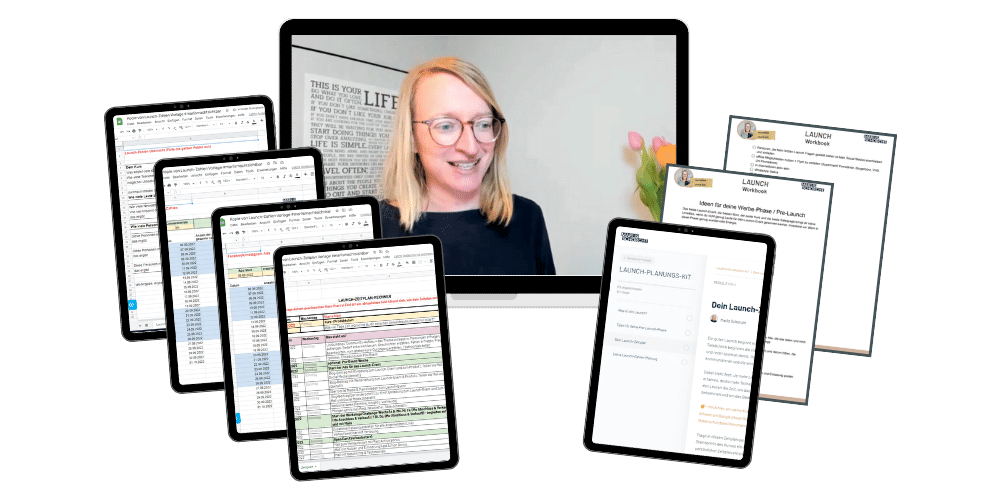 Launch-Planungskit Produktansicht mit Tablets, Frau und Dokumenten