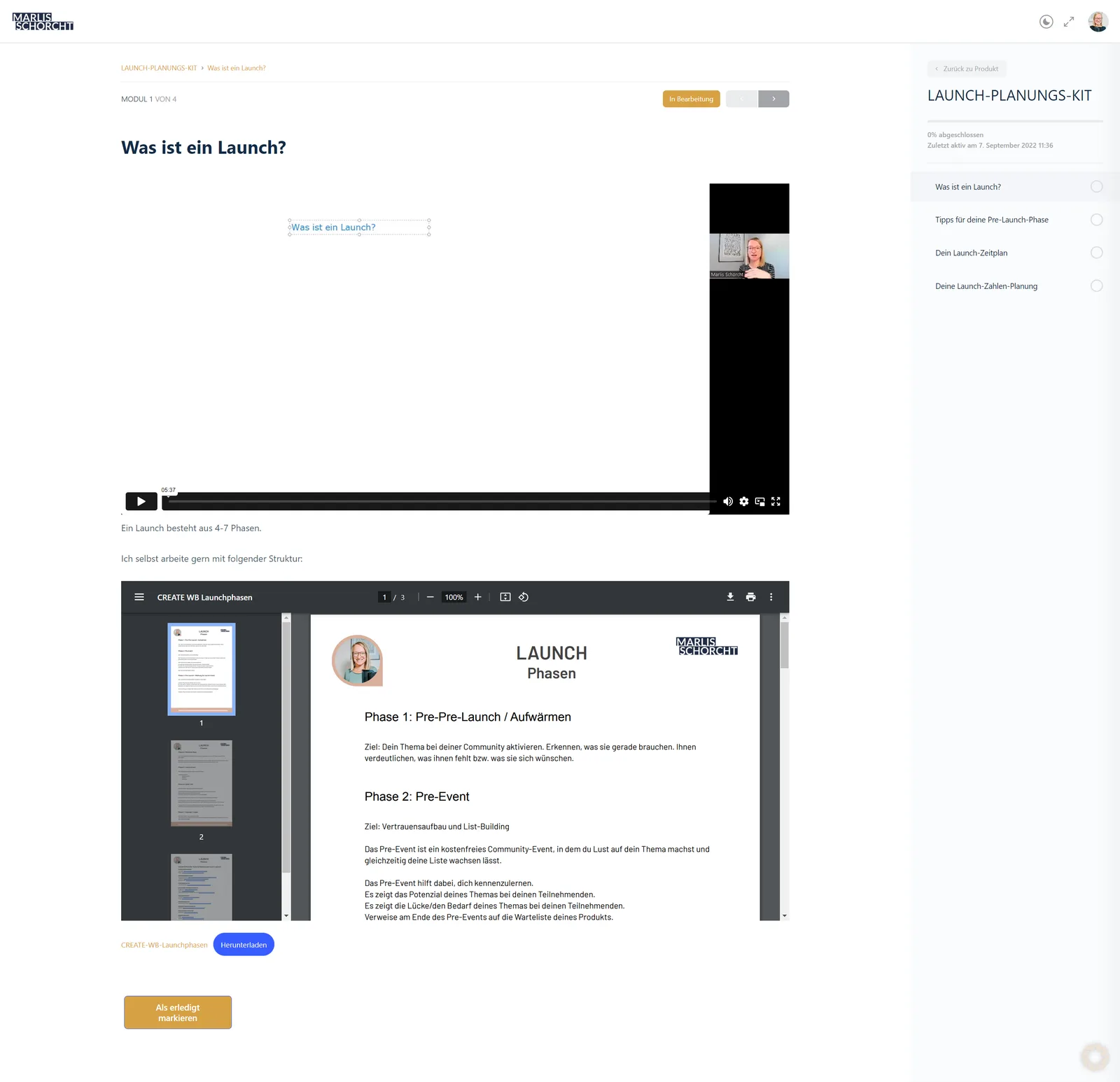 Modul 1 Screenshot Launch-Planungskit mit Video und Workbook