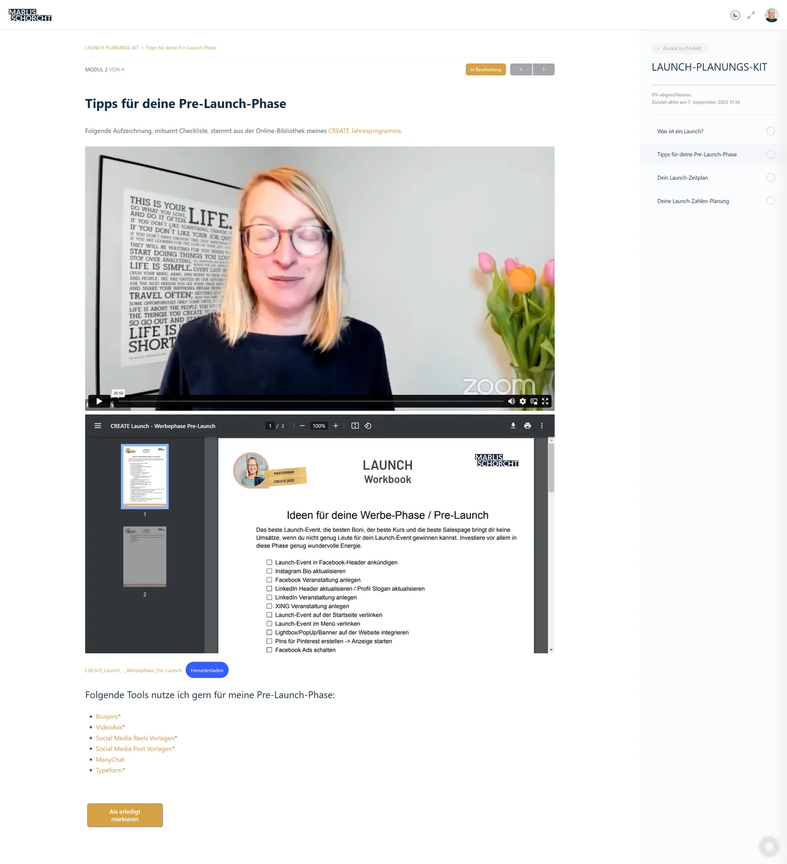 Modul 2 Screenshot Launch-Planungskit mit Tipps und Videoanleitung