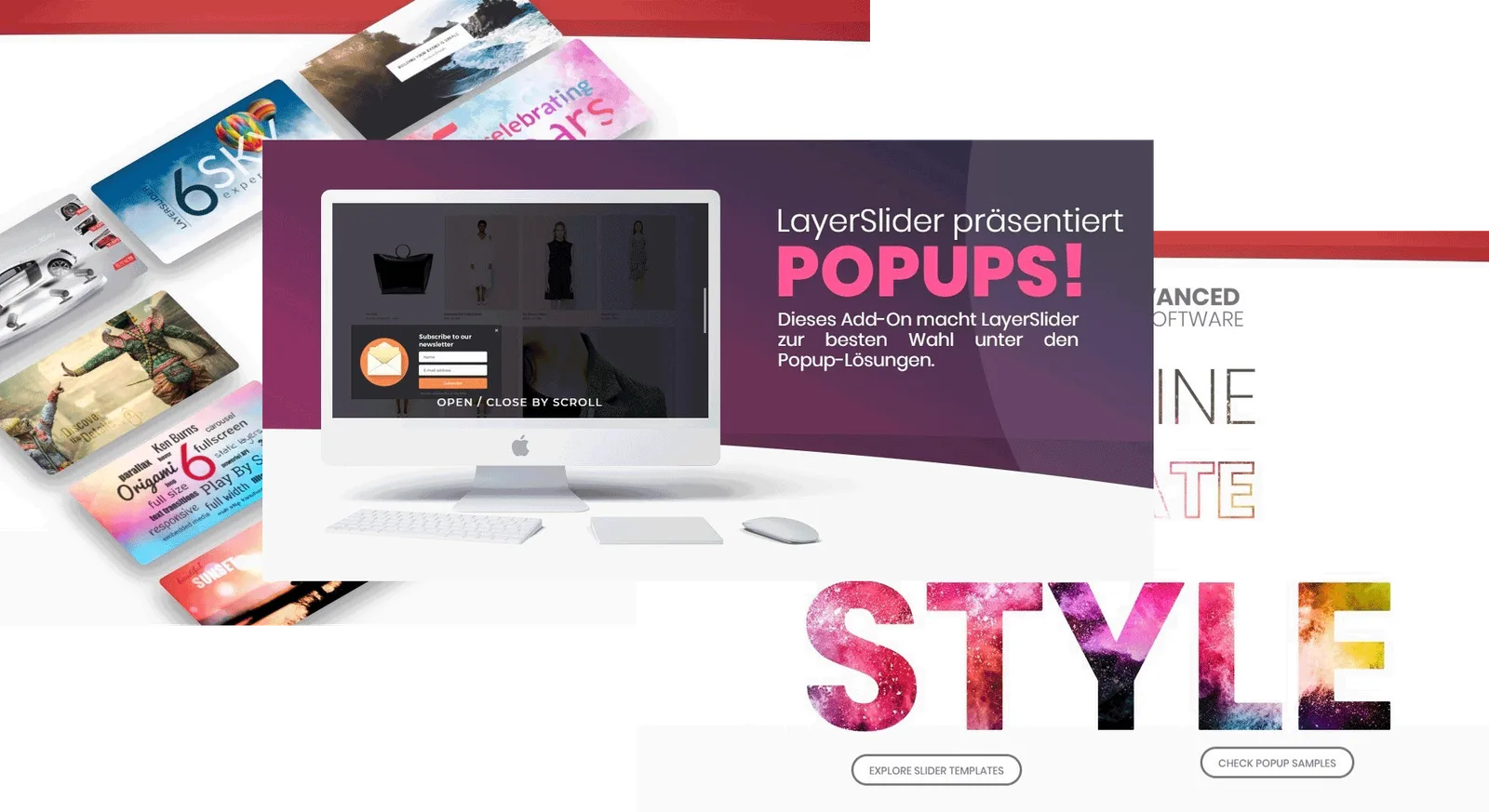 Marketing-Grafik zeigt Layer Slider Popup-Addon mit Laptop-Mockup und farbigen Designbeispielen