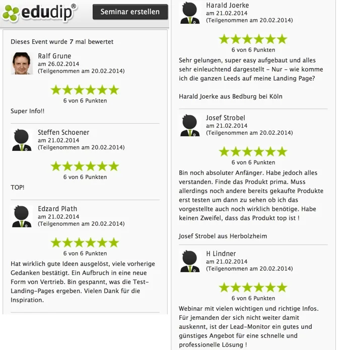 edulip Webinar-Bewertungen mit fünf Kundenstimmen, je 6 von 6 Sternen
