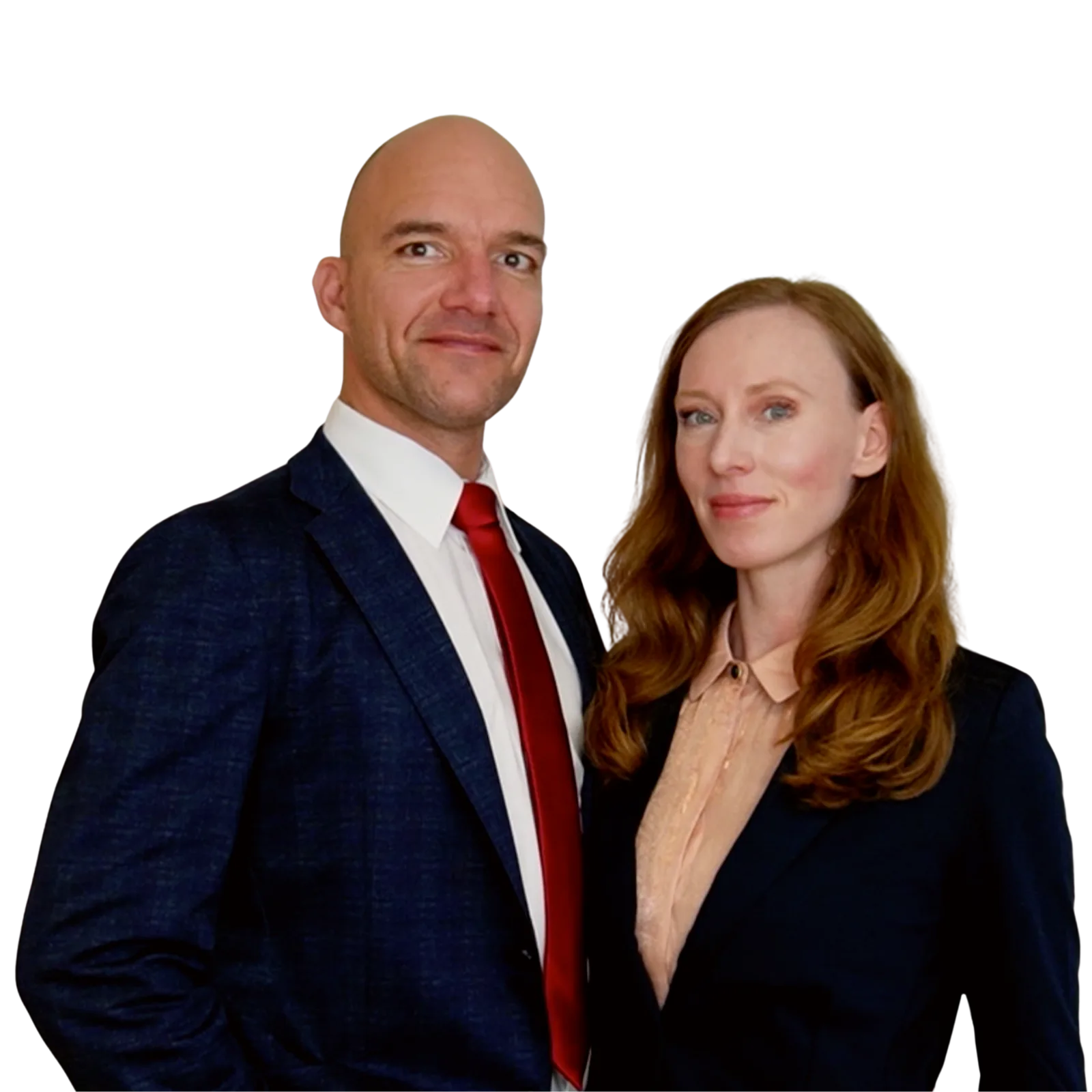 Michael und Melissa Neumaier – zwei Personen in Business-Kleidung vor weißem Hintergrund