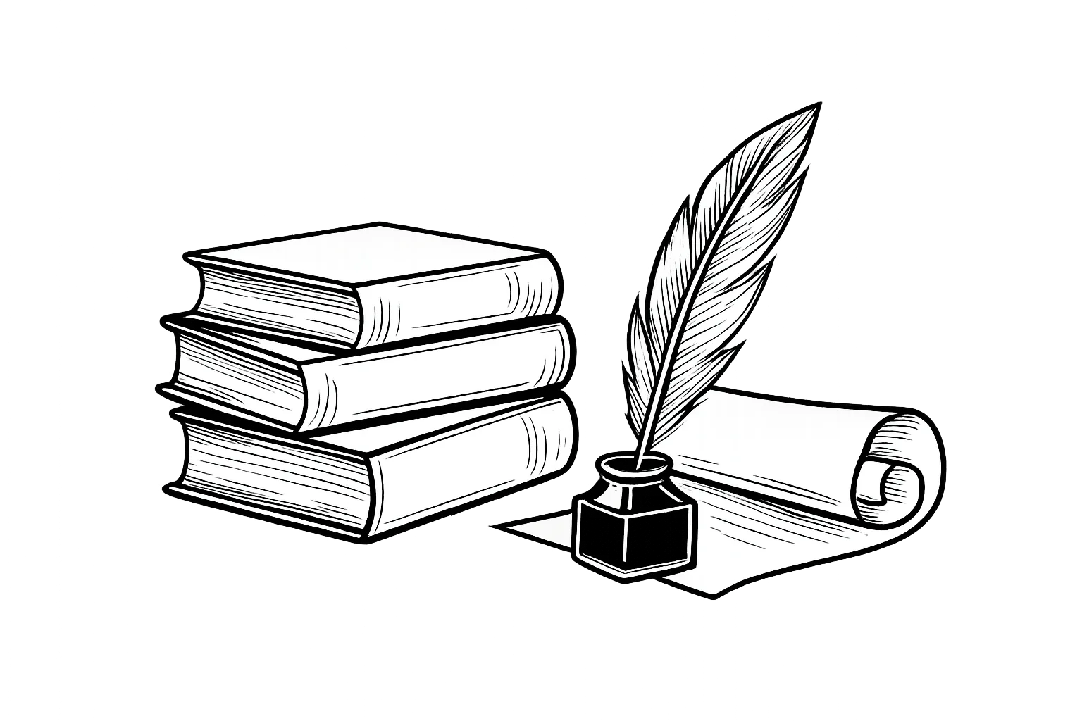Strichzeichnung von Bücherstapel, Feder in Tintenfass und aufgerolltem Pergament