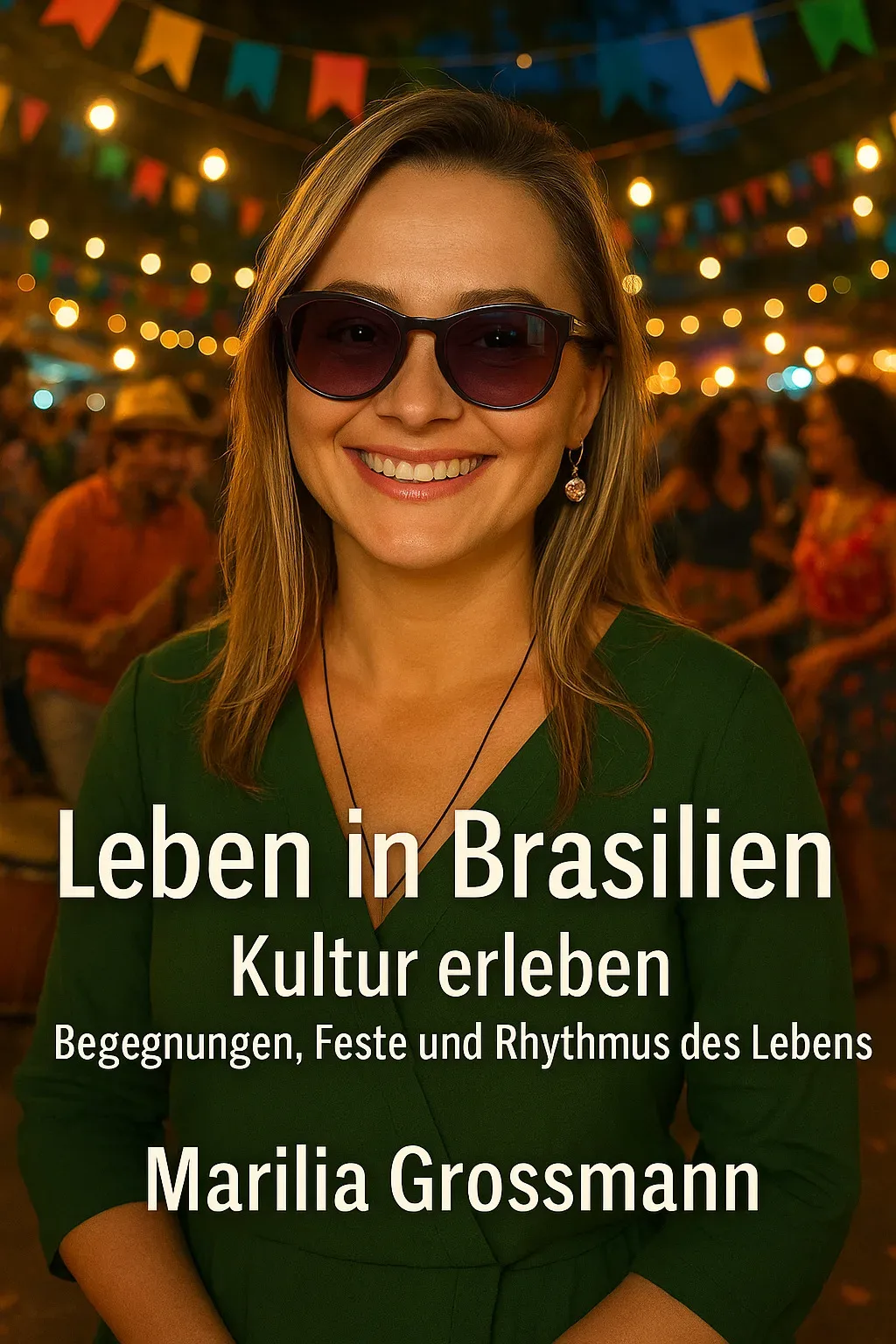 Frau mit Sonnenbrille auf Festival mit bunten Flaggen, Buch: Leben in Brasilien