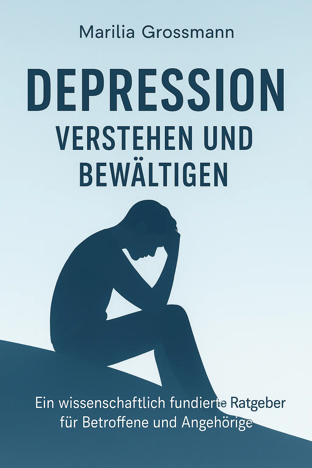 Buchcover "Depression verstehen und bewältigen" von Marilia Grossmann, Silhouette einer traurigen Person auf blauem Hintergru