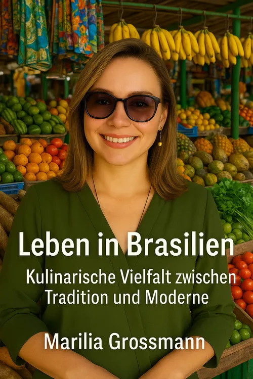 Buchcover "Leben in Brasilien - Kulinarische Vielfalt" von Marilia Grossmann, Frau mit Sonnenbrille vor farbenfrohem Marktsta