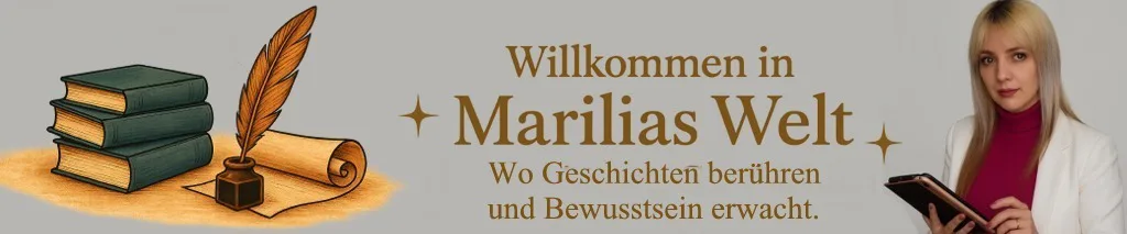 Header mit Willkommenstext für Marilias Welt, illustriert mit Bücherstapel, Feder und Tintenfass links, Porträt einer Frau mi