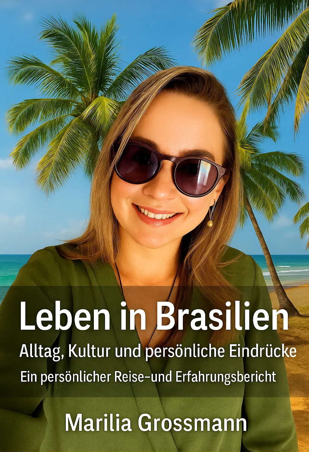 Buchcover "Leben in Brasilien" von Marilia Grossmann, Frau mit Sonnenbrille vor Strandkulisse mit Palmen