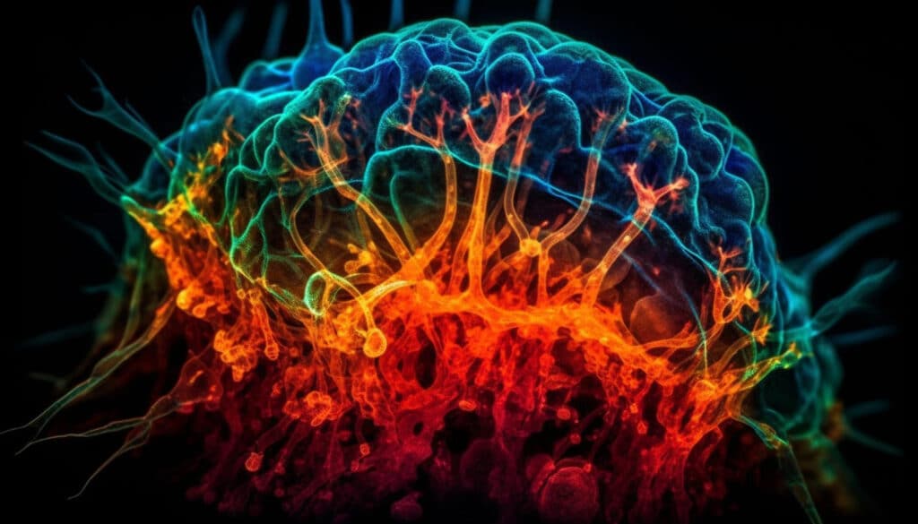Abstrakte Gehirndarstellung in Neon-Farben von Blau über Orange bis Rot, symbolisiert neuronale Aktivität
