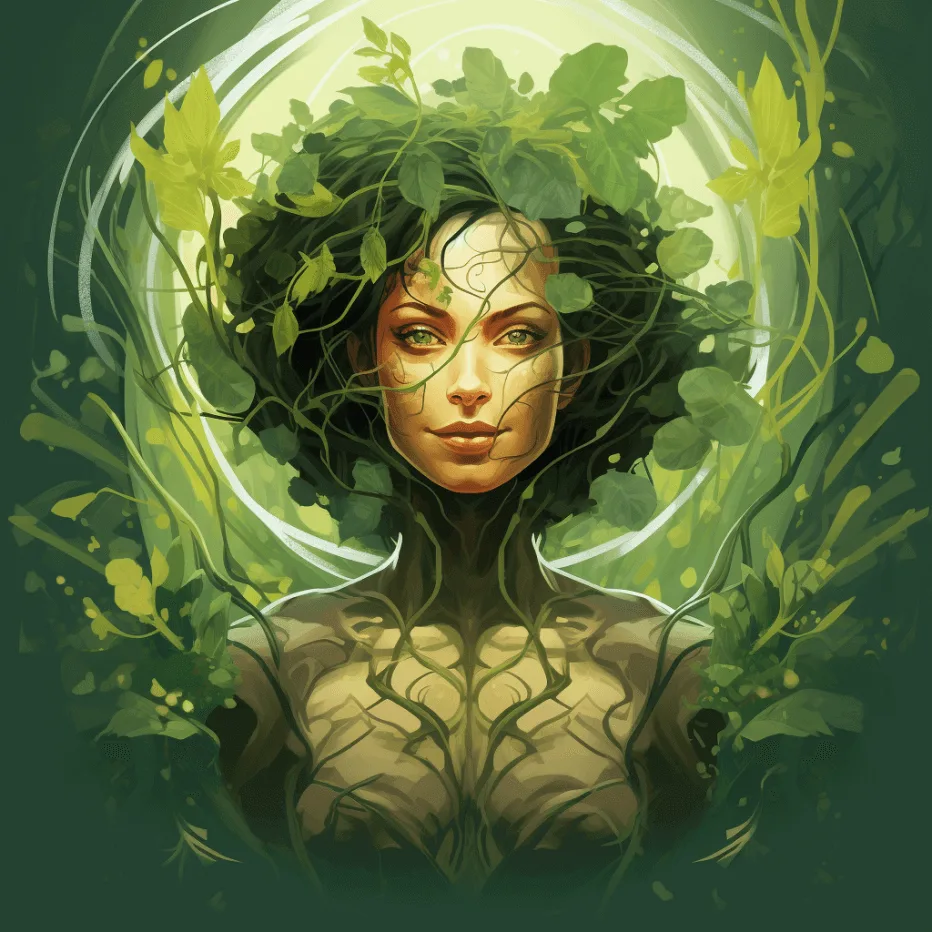 Illustration einer Frau mit Pflanzenmuster und leuchtenden Augen in Naturrahmen