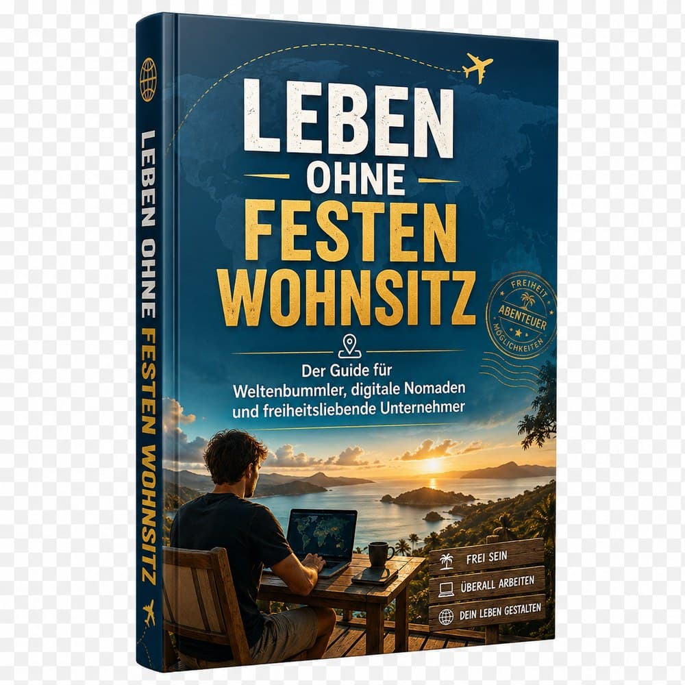 Leben ohne festen Wohnsitz – Guide für digitale Nomaden, Buch-Cover mit Mann am Laptop vor Meereskulisse
