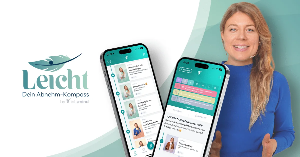 Leicht-App-Mockup mit Abnehm-Programm, Smartphone-Screens und Frau in blauem Pullover
