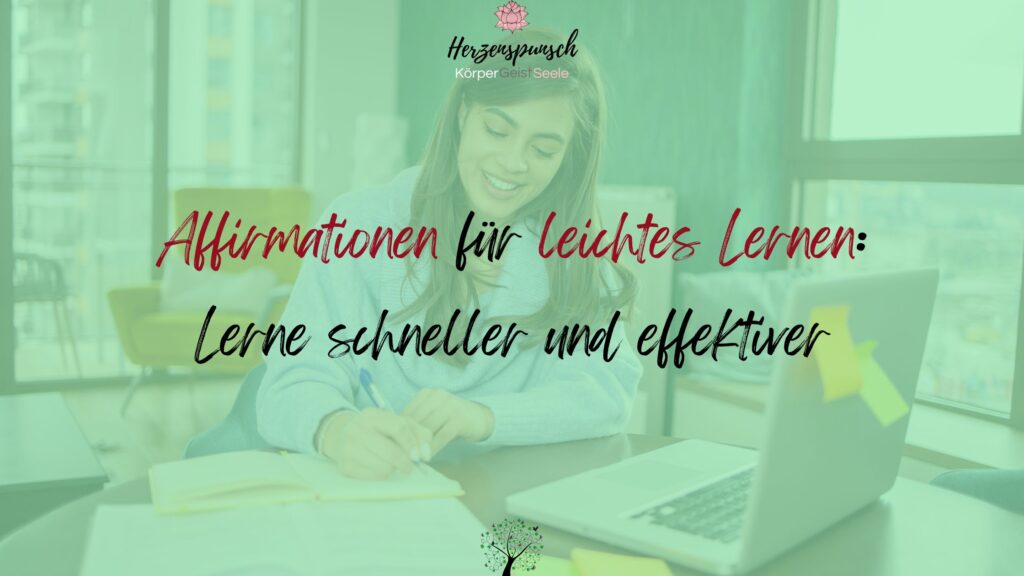 Leichter lernen: MindTune-Affirmationen – Affirmations-Hörprogramm 4 Gallery-Bild mit Frau am Laptop, grüne Farbtonung, Text zu Affirmationen für leichtes Lernen