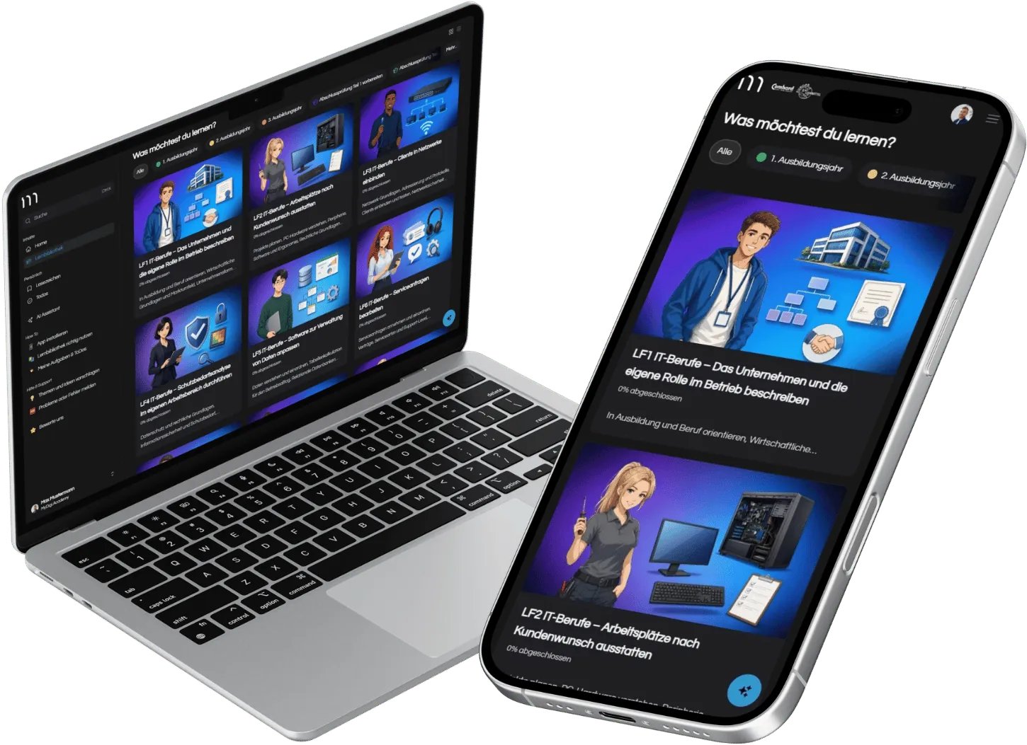 Laptop und Smartphone zeigen MyDigiAcademy Lernplattform mit Video-Lektionen und IT-Berufsinhalten