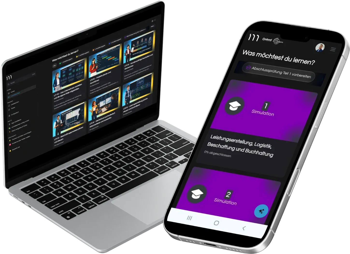 MyDigiAcademy Lernplattform für Industriekaufleute auf Laptop und Smartphone mit Lernbibliothek und Prüfungssimulationen