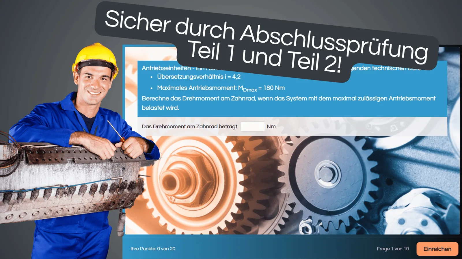 Lernapp MyDigiAcademy – Industriemechaniker von Florian Honold 2 Industriemechaniker in blauer Arbeitskleidung und gelbem Helm mit Zahnrad-Illustration und Abschlussprüfungs-Lernfrage zur B