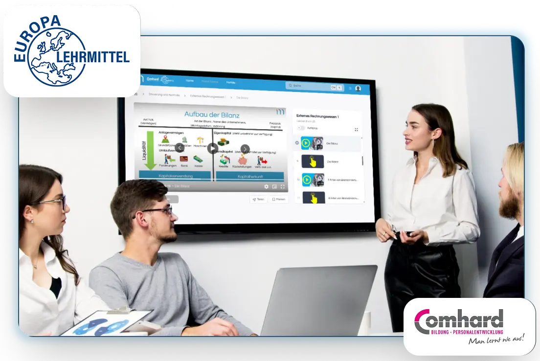 MyDigiAcademy Lernplattform mit Comhard und Europa Lehrmittel Logos, Personen vor Monitor
