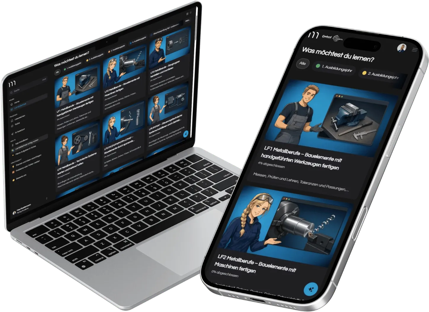 MyDigiAcademy Lernplattform auf Laptop und Smartphone mit Lernvideos und Lernfeldern für Metallberufe