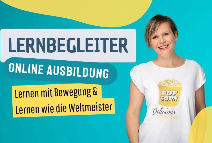 Lerncoach Ausbildung – Zertifikatskurs für Lernbegleitung 6 Frau in weißem T-Shirt mit Popcorn-Print auf türkisem Hintergrund Lernbegleiter Online Ausbildung