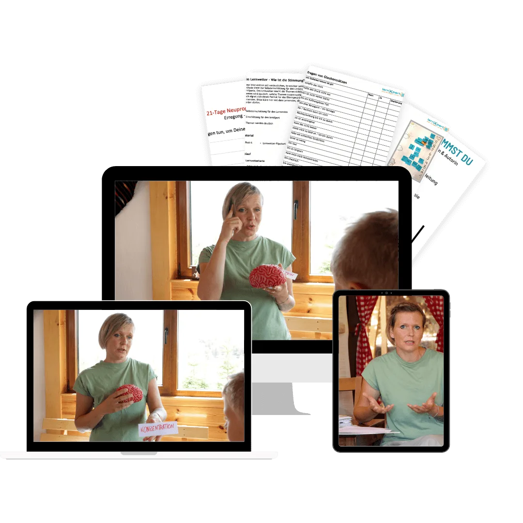 Lerncoach Ausbildung – Zertifikatskurs für Lernbegleitung 1 Mockup Mini-Kurs auf Laptop, Tablet, Smartphone mit Trainerin und Worksheets