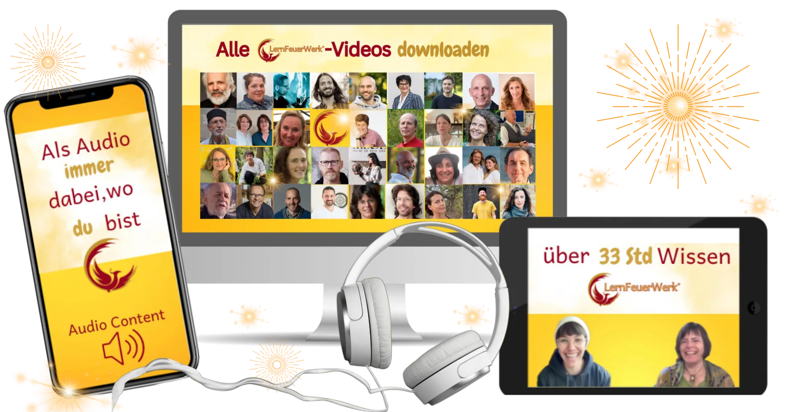 LernFeuerWerk-Kongresspaket – Interviewkongress zum Lernen 1 LernFeuerWerk-Kongresspaket mit Videos zum Download, Smartphone mit Audio-Content, Monitor mit Referentenfotos, Kopfhörer und