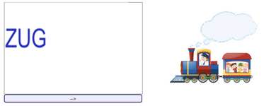 Lern-Flashcard mit Wort ZUG und Lokomotive-Illustration