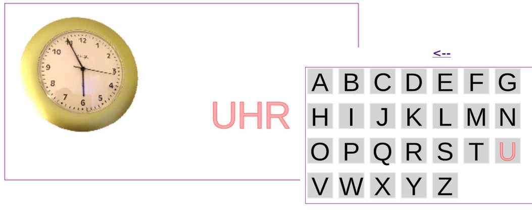 Lese-Lernspiel ABCT mit Uhr und Buchstaben-Auswahl