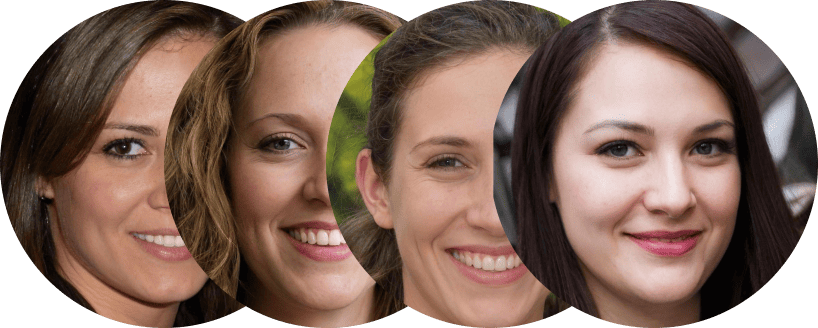 Let's get Moving – Fitnesskurs für Schwangere von Birte Glang 2 Vier Porträts von Frauen, die lächeln und unterschiedliche Haarfarben und -längen haben